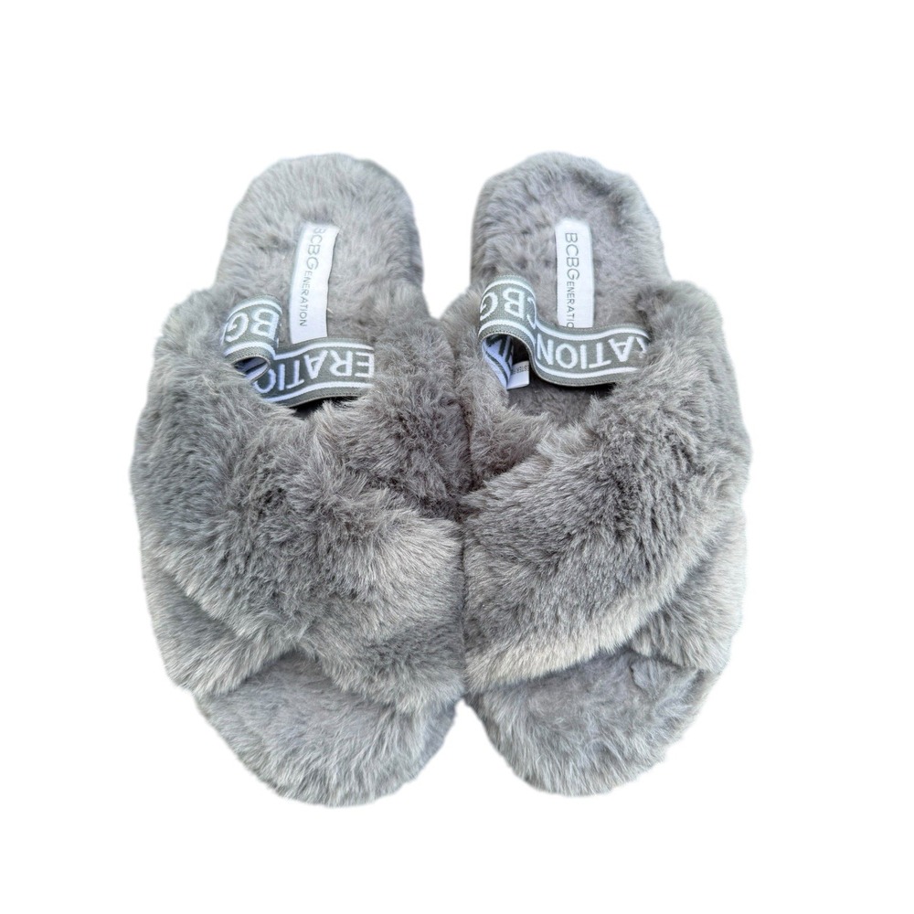 BCBGeneration Slippers Women Size M Grey Excellent Faux Fur Cross Strap Logo